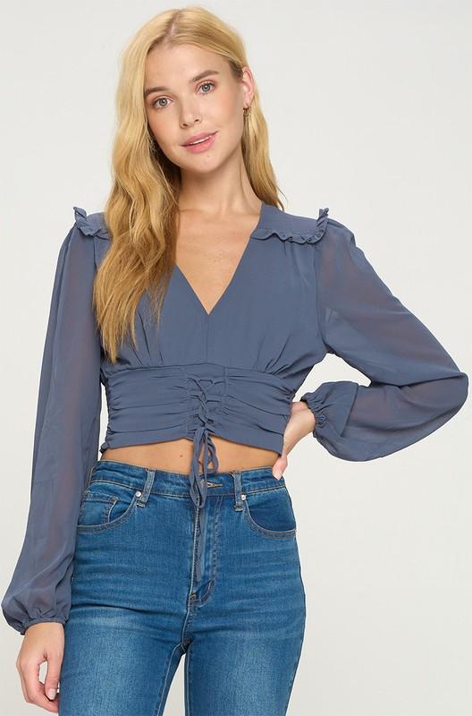 Lace-Up Ruffle Crop Top Ocean Blue S 