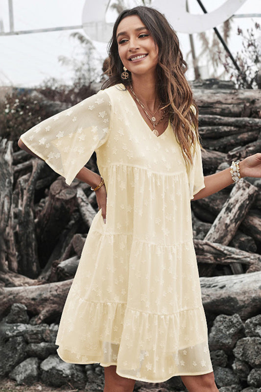 Everywhere You Go Star Flutter Sleeve Tiered Dress Yellow S