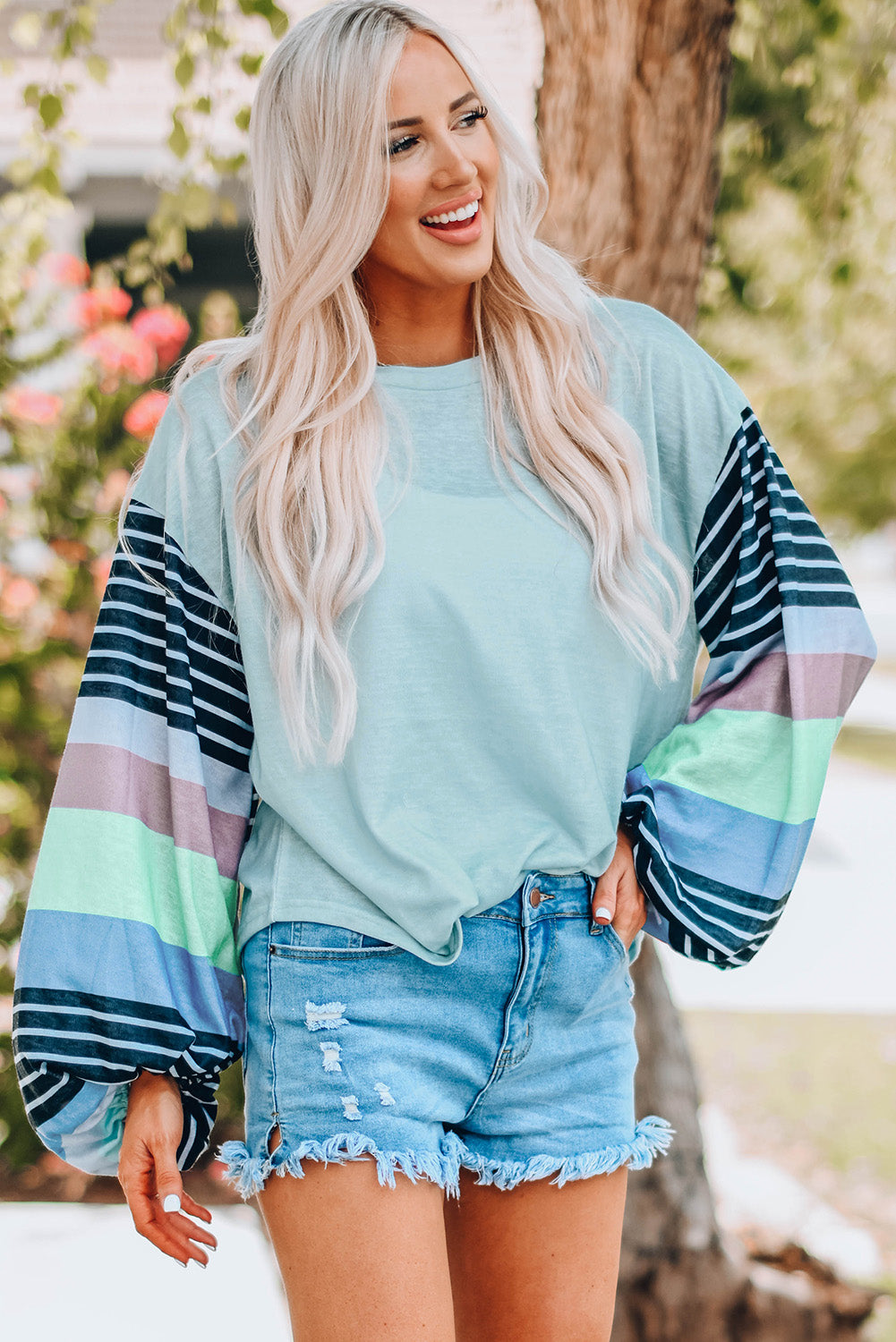 Bring the Fun Color Block Striped Sleeve Top Sky Blue S 