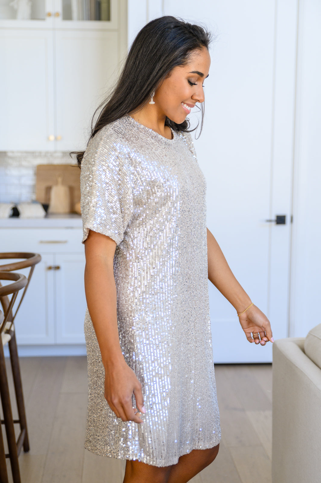 City and Sparkle Short Sleeve Sequin Shift Dress In Champagne   