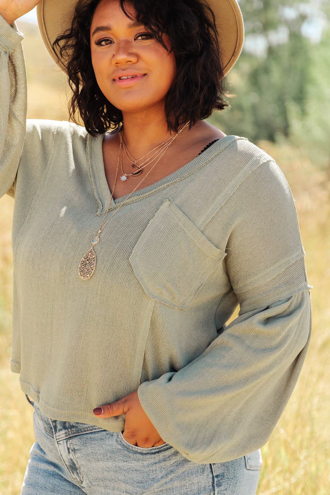 Bellissimo Draped V-Neck Sweater in Olive   