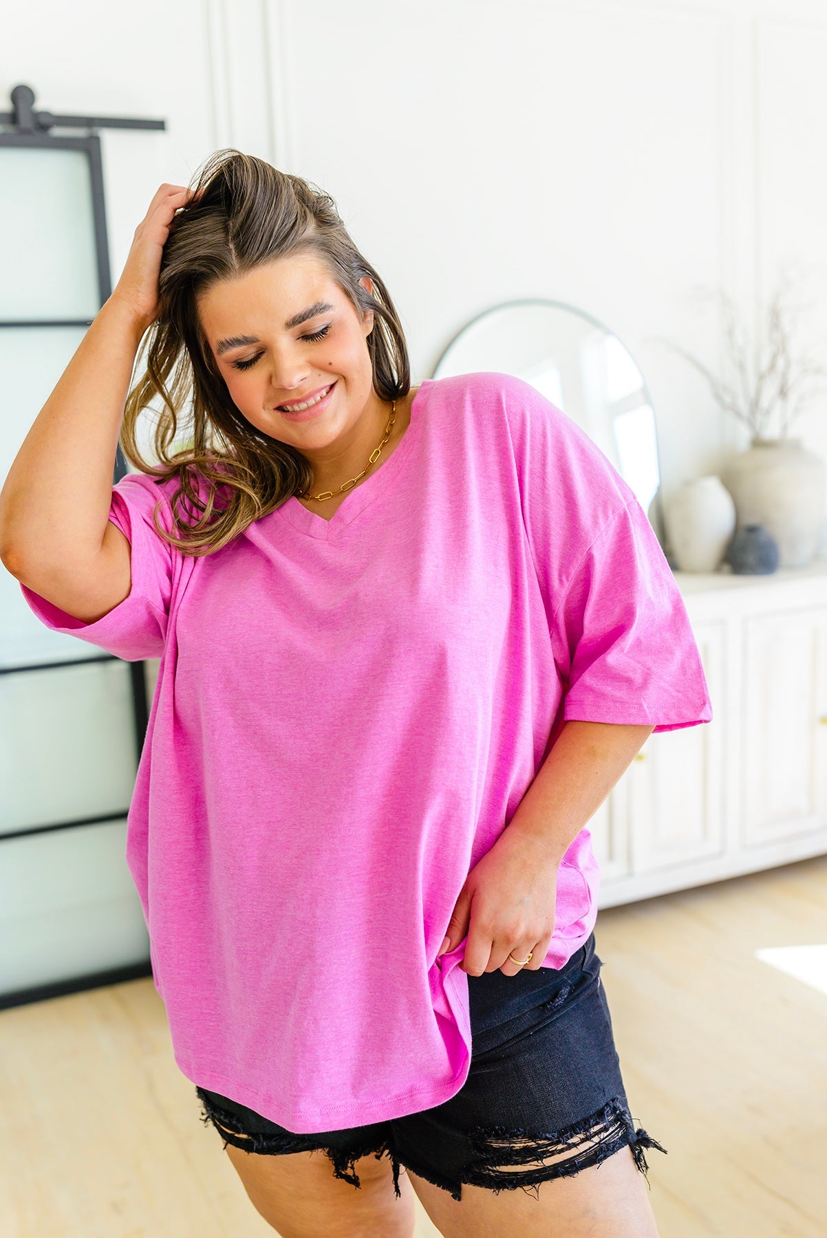 Boxy V Neck Boyfriend Tee In Pink   