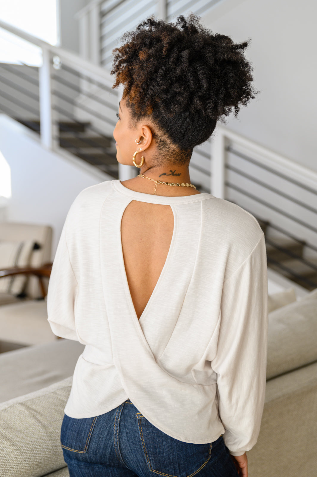 Got Your Back Long Sleeve Open Back Top In Ivory   