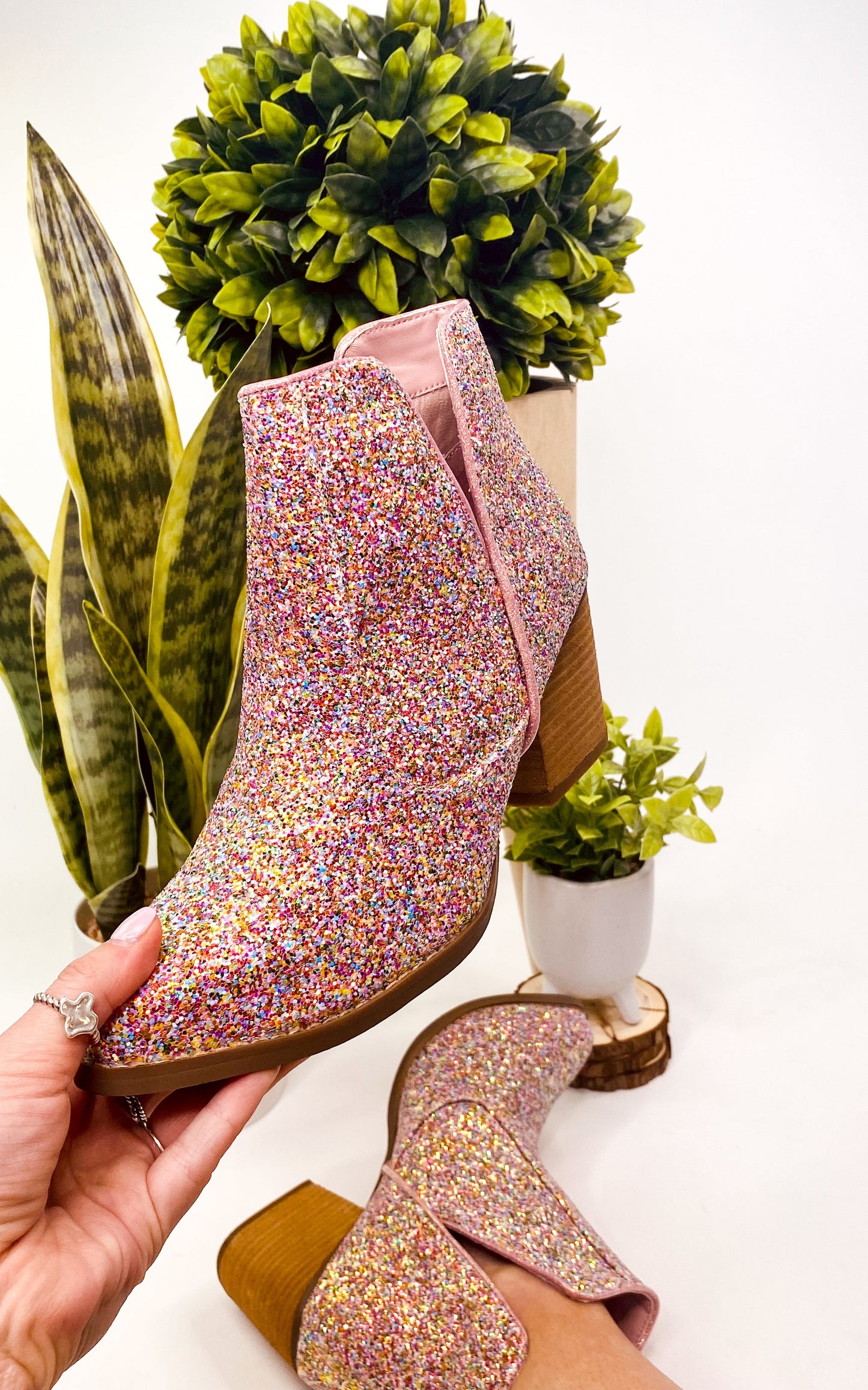 Anastasia Glitter Ankle Booties in Pink   