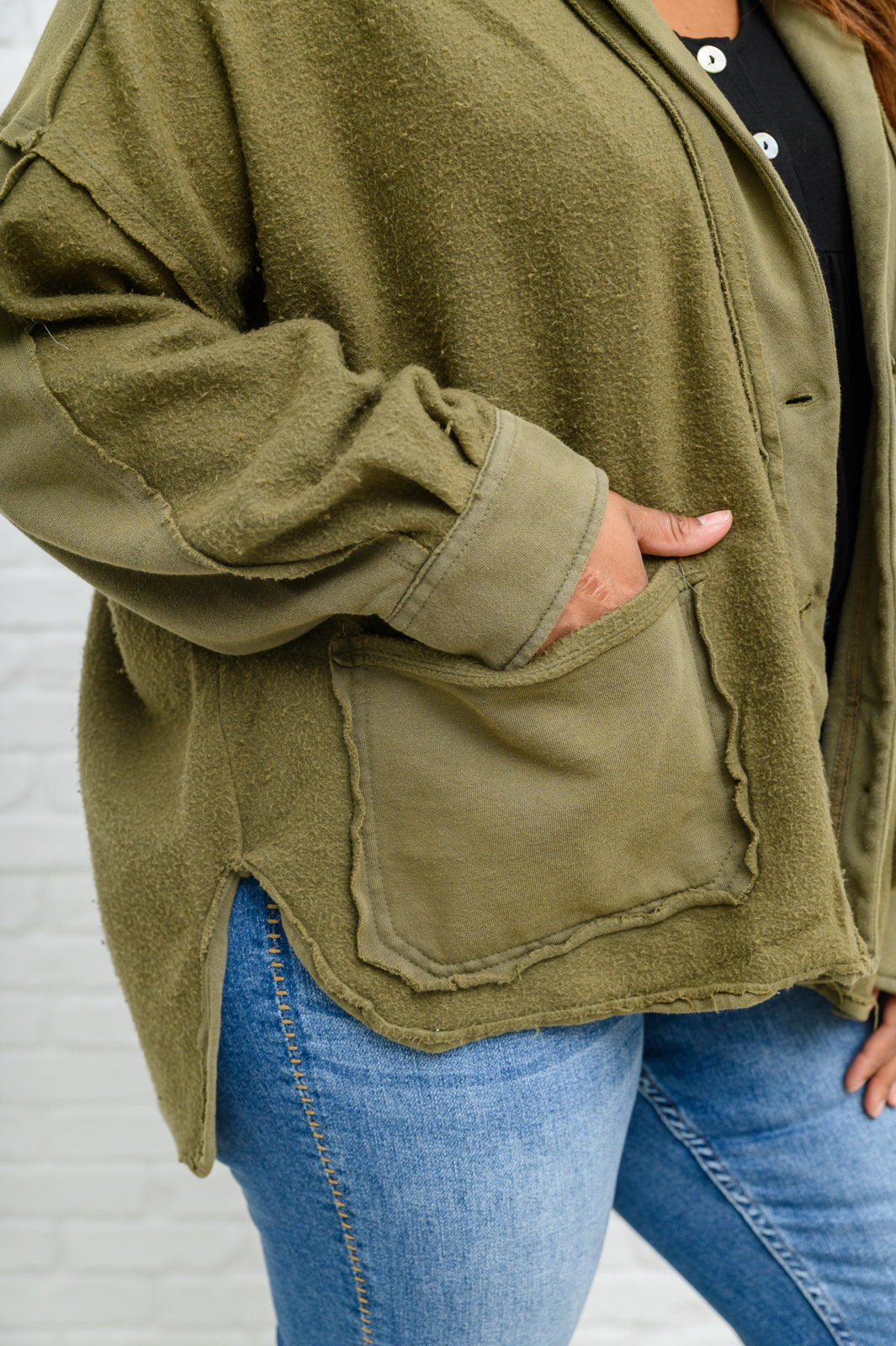 Come My Way French Terry Mineral Wash Jacket In Olive   
