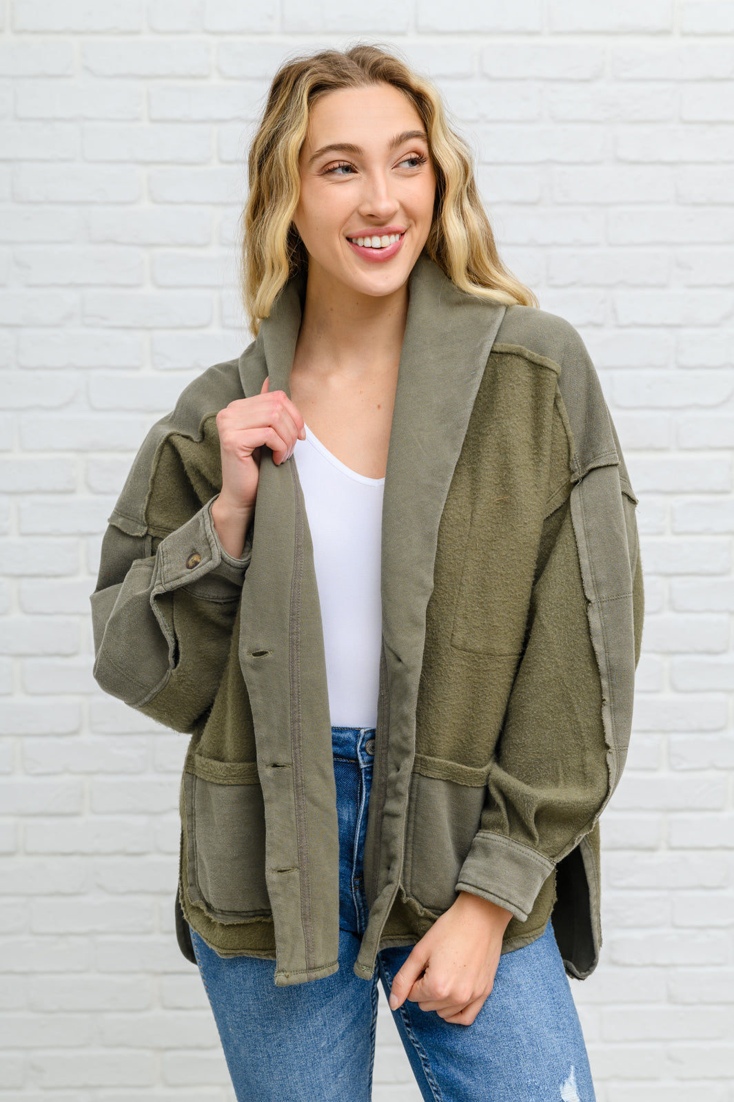 Come My Way French Terry Mineral Wash Jacket In Olive | Social +