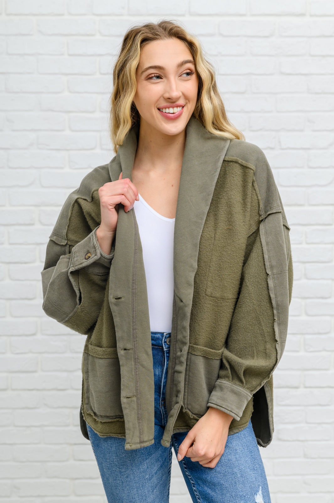 Come My Way French Terry Mineral Wash Jacket In Olive Olive S 