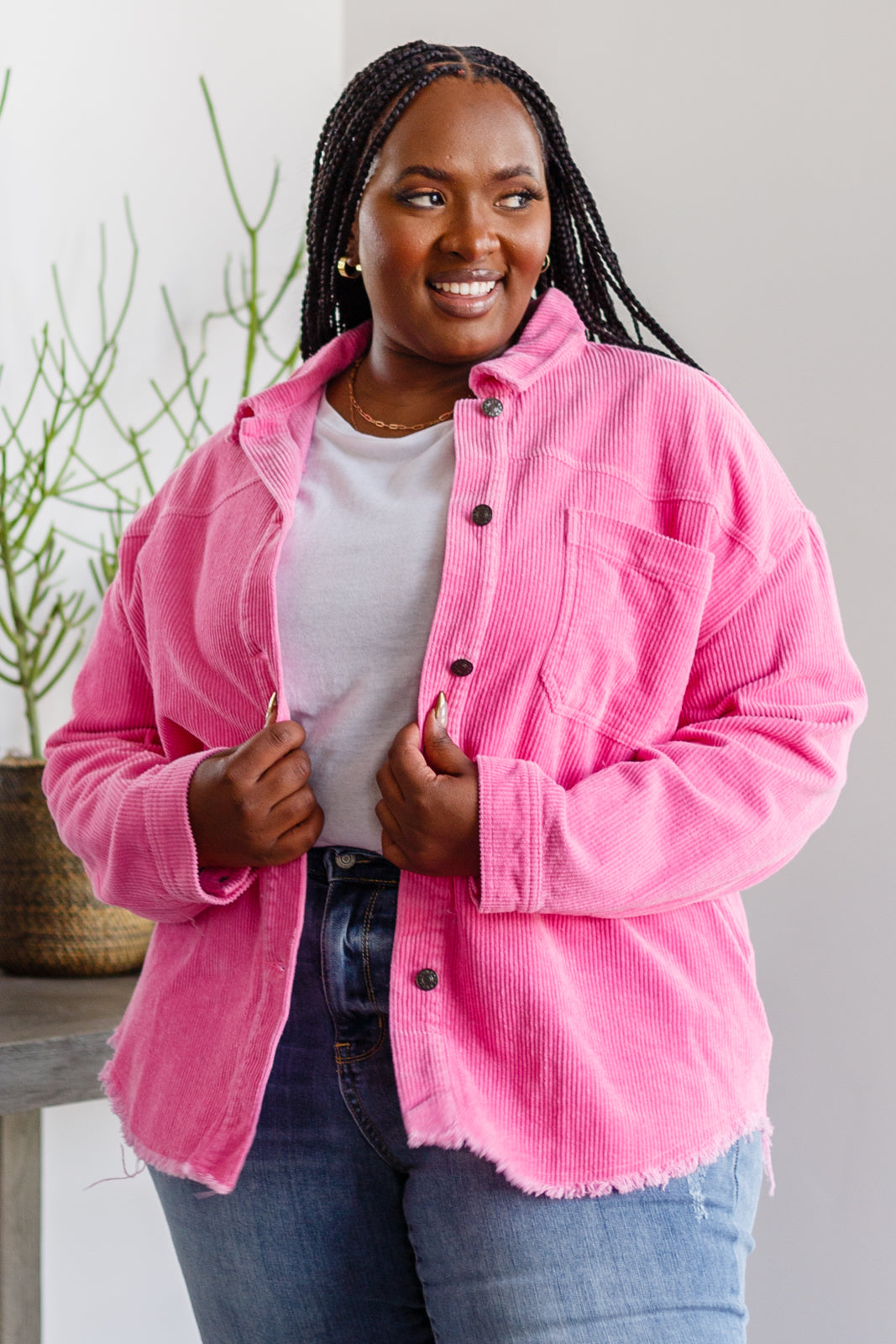 Pink Plus Size Corduroy Jackets Raw Feelings Corduroy Pink Shacket
