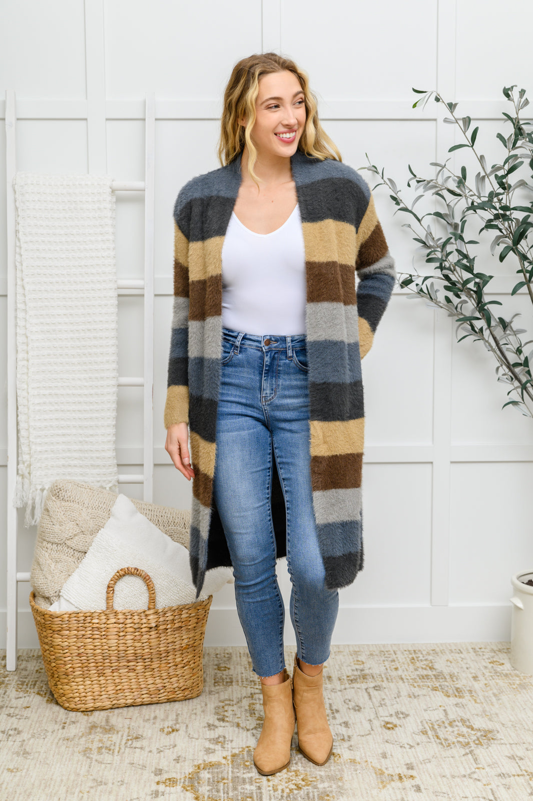 Feeling the Day Fuzzy Longline Cardigan In Blue & Cocoa Blue XS 