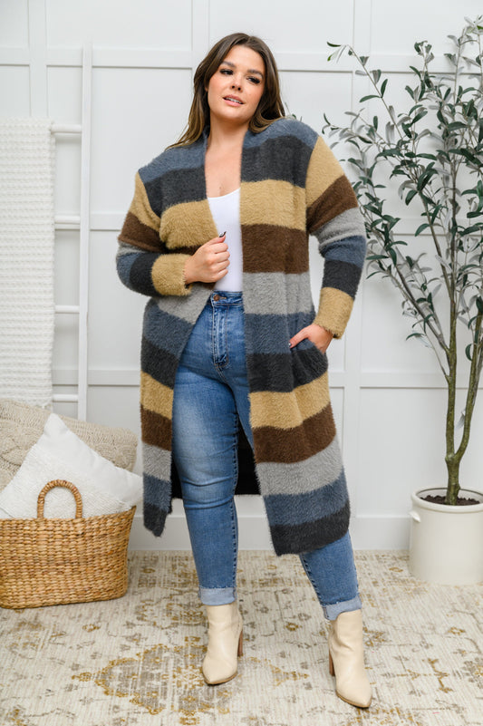 Feeling the Day Fuzzy Longline Cardigan In Blue & Cocoa Blue 1XL 