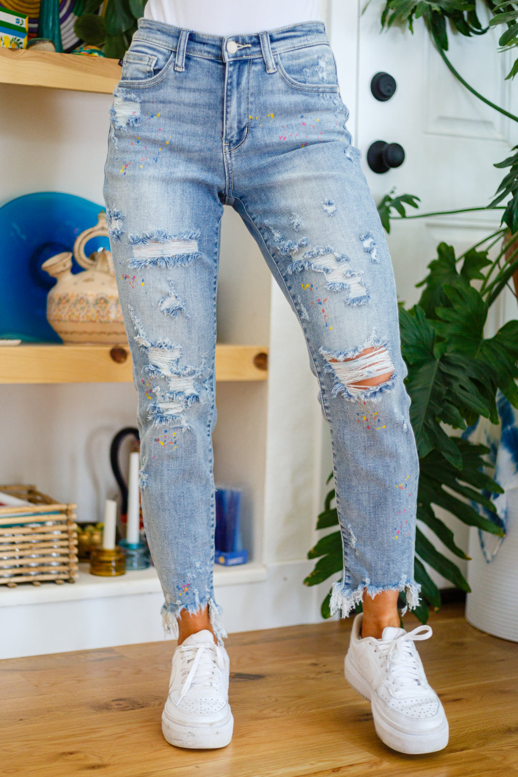 Judy Blue Hot Mess Paint Splatter Boyfriend Jeans 0/24 Light Wash 