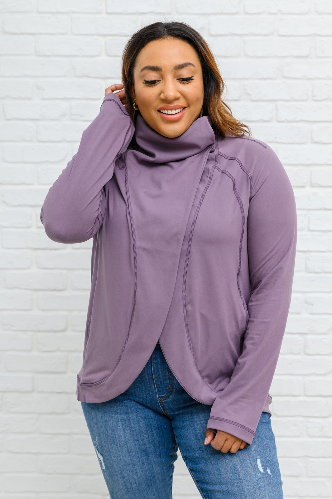 Sport a Look Asymmetric Cowl Neck Jacket In Mulberry   