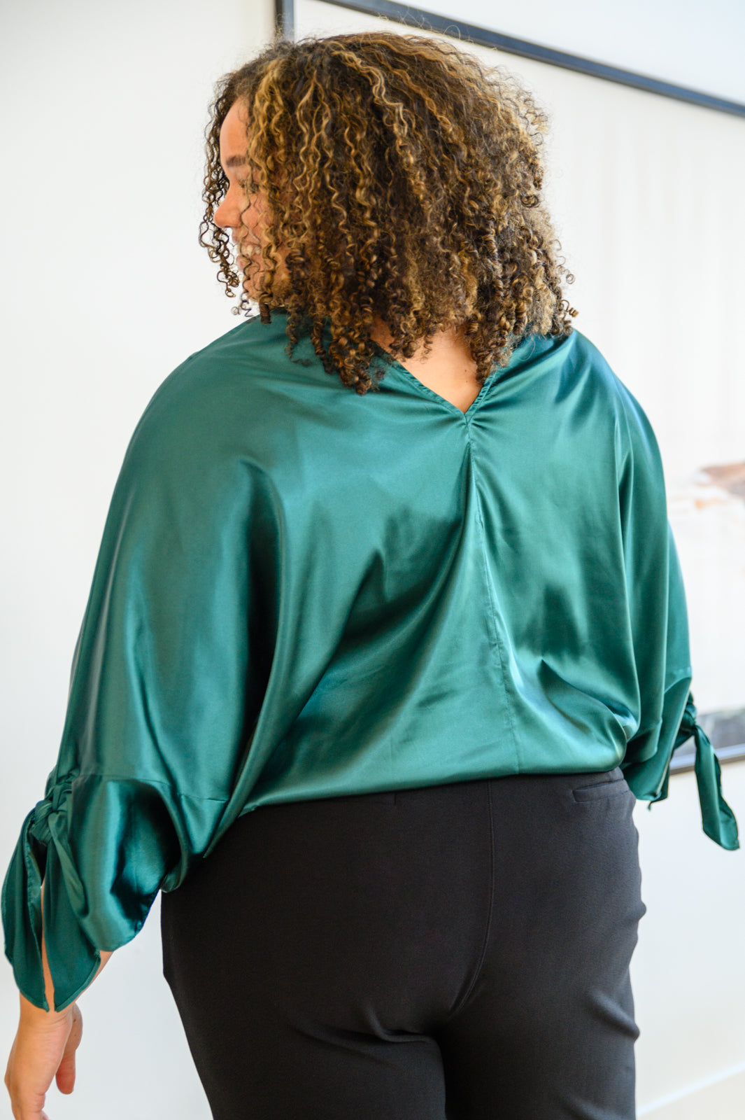 Green Satin Dreams Dolman Tie Sleeve Blouse   