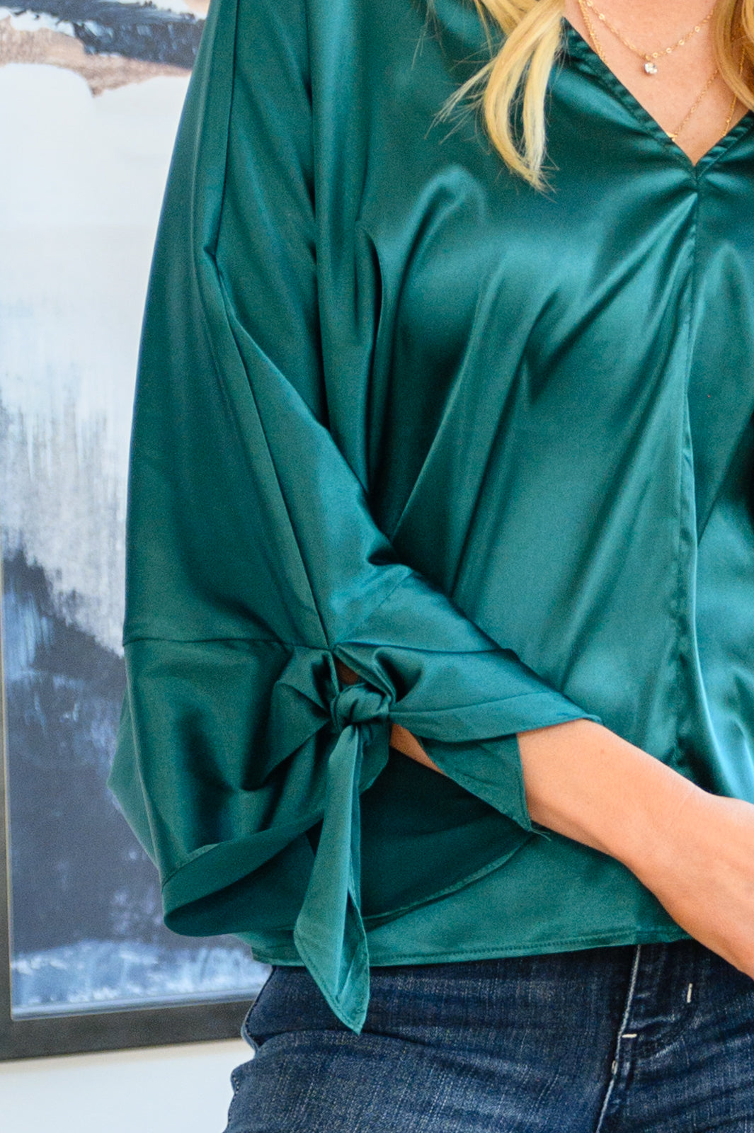 Green Satin Dreams Dolman Tie Sleeve Blouse   