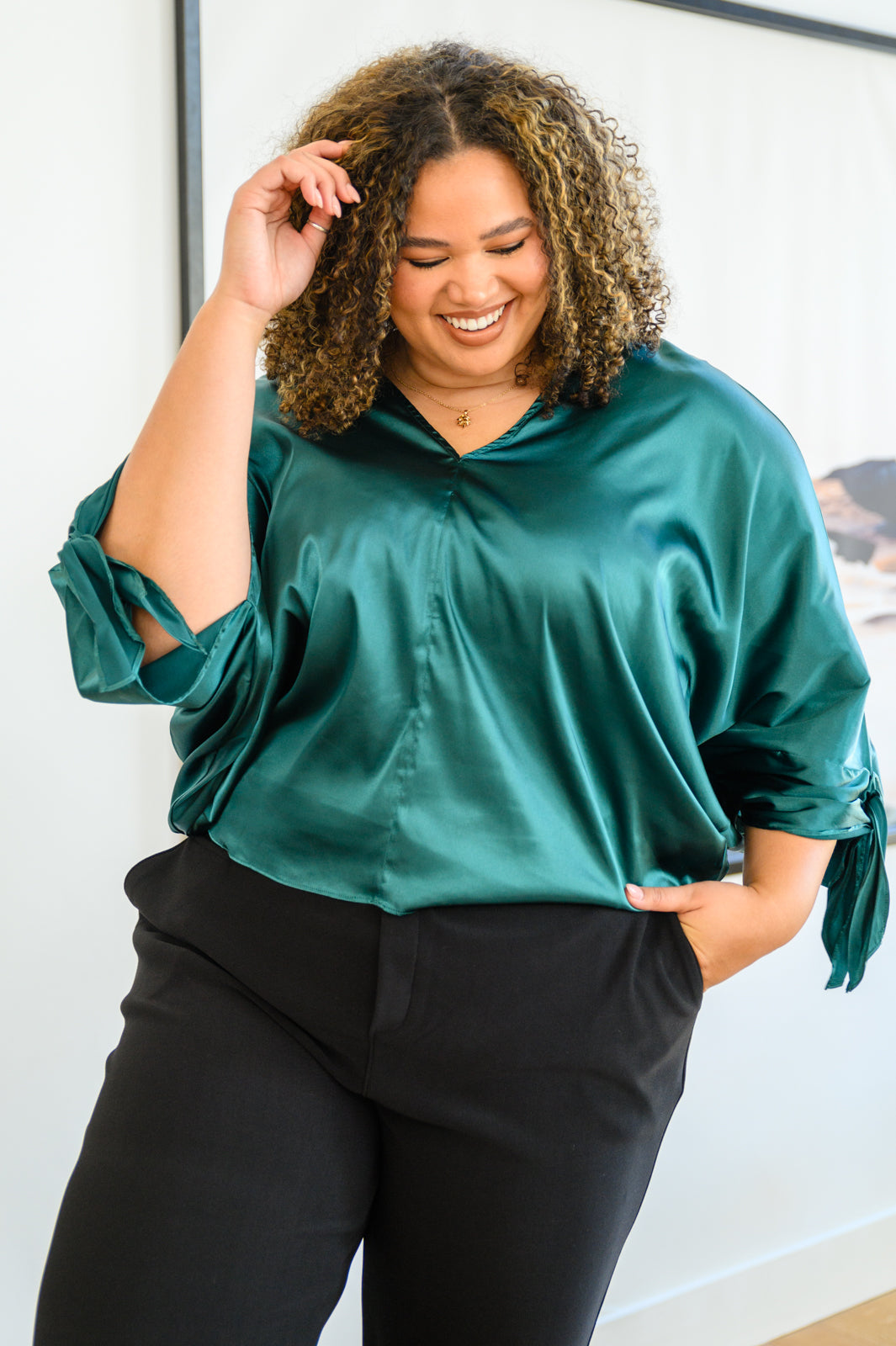 Green Satin Dreams Dolman Tie Sleeve Blouse   