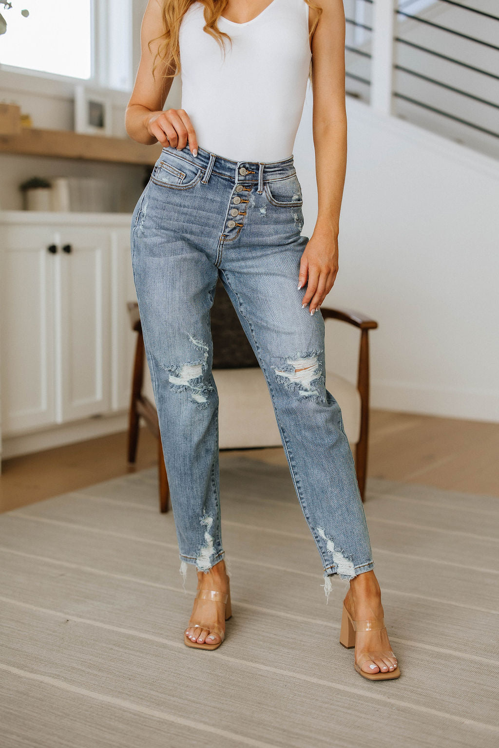 Josie Mid Rise Button Fly Boyfriend Jeans   