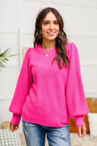 Come Closer Balloon Sleeve Knit Sweater Hot Pink S 