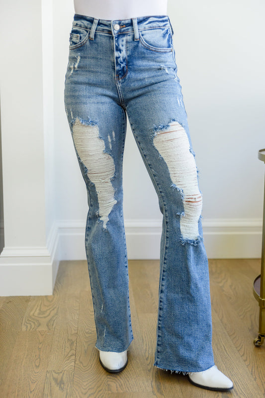 Judy Blue By a Thread Destroyed Flare Jeans Medium Wash 0/24