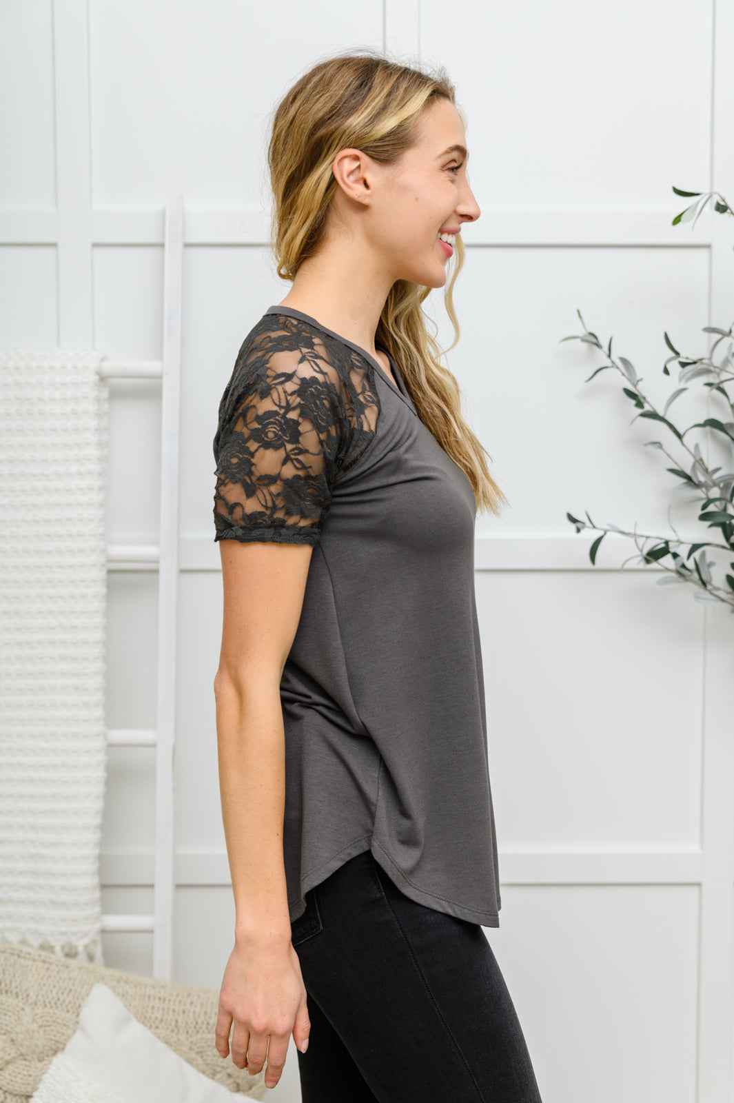 Let it Be Lace Detail Short Sleeve Tee In Gray   