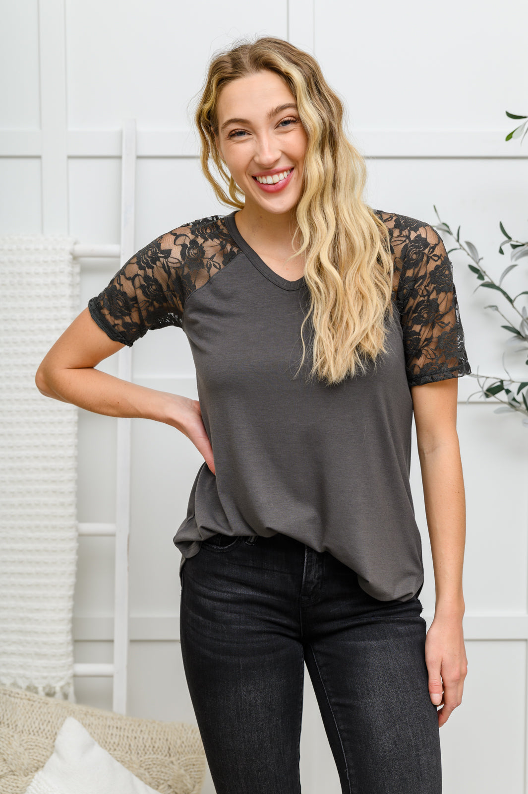 Let it Be Lace Detail Short Sleeve Tee In Gray   