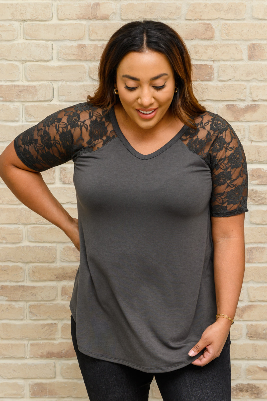 Let it Be Lace Detail Short Sleeve Tee In Gray Gray 1XL 