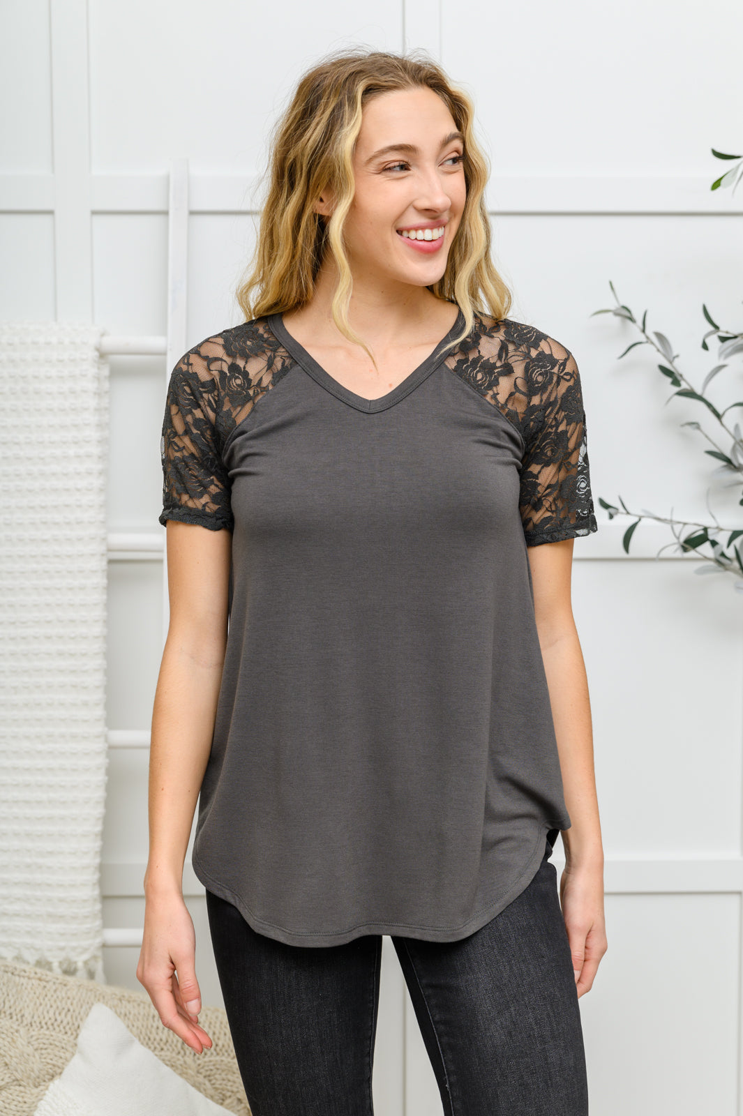 Let it Be Lace Detail Short Sleeve Tee In Gray Gray S 