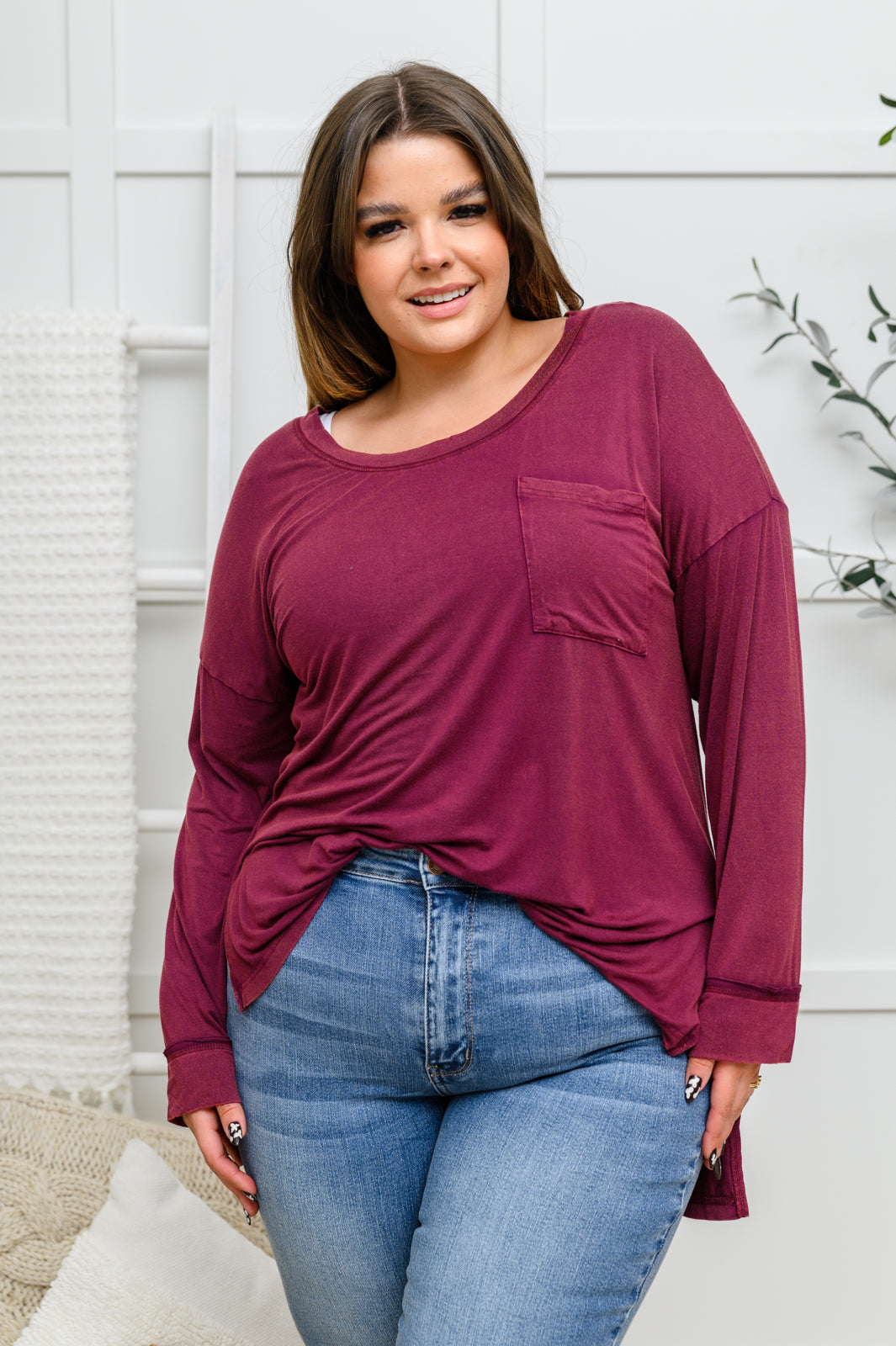 All on You Long Sleeve Knit Top With Pocket In Burgundy   