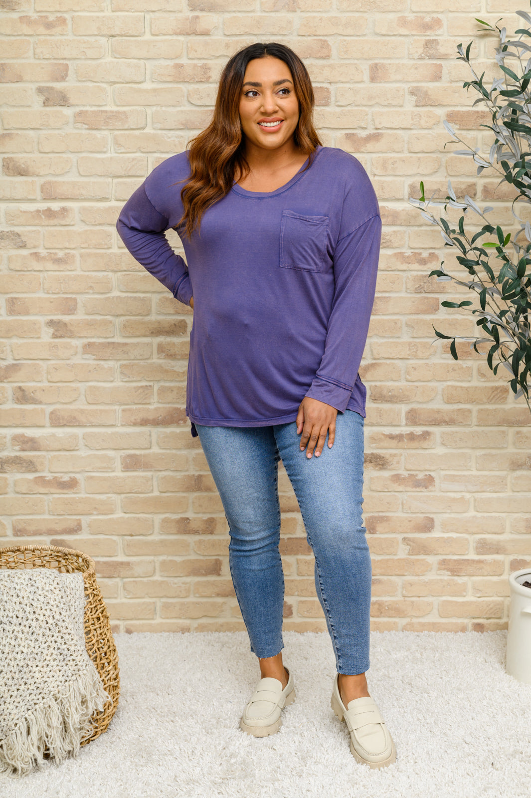 All on You Long Sleeve Knit Top With Pocket In Indigo   
