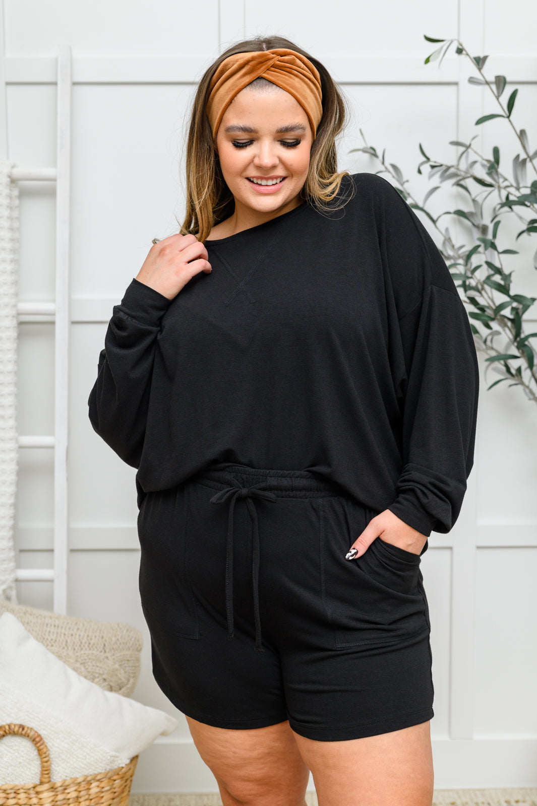 Stay Loungey Long Sleeve Soft Oversized Top & Shorts Set in Black   