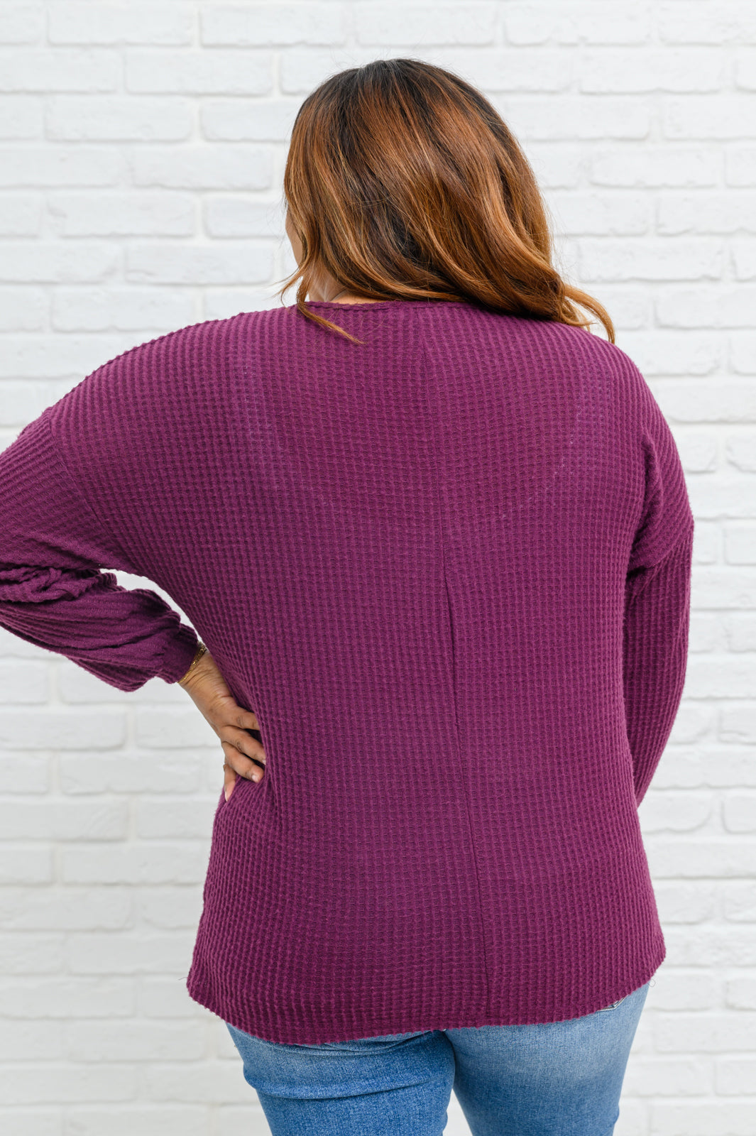 Your Best Self Long Sleeve Waffle Knit Top In Eggplant   