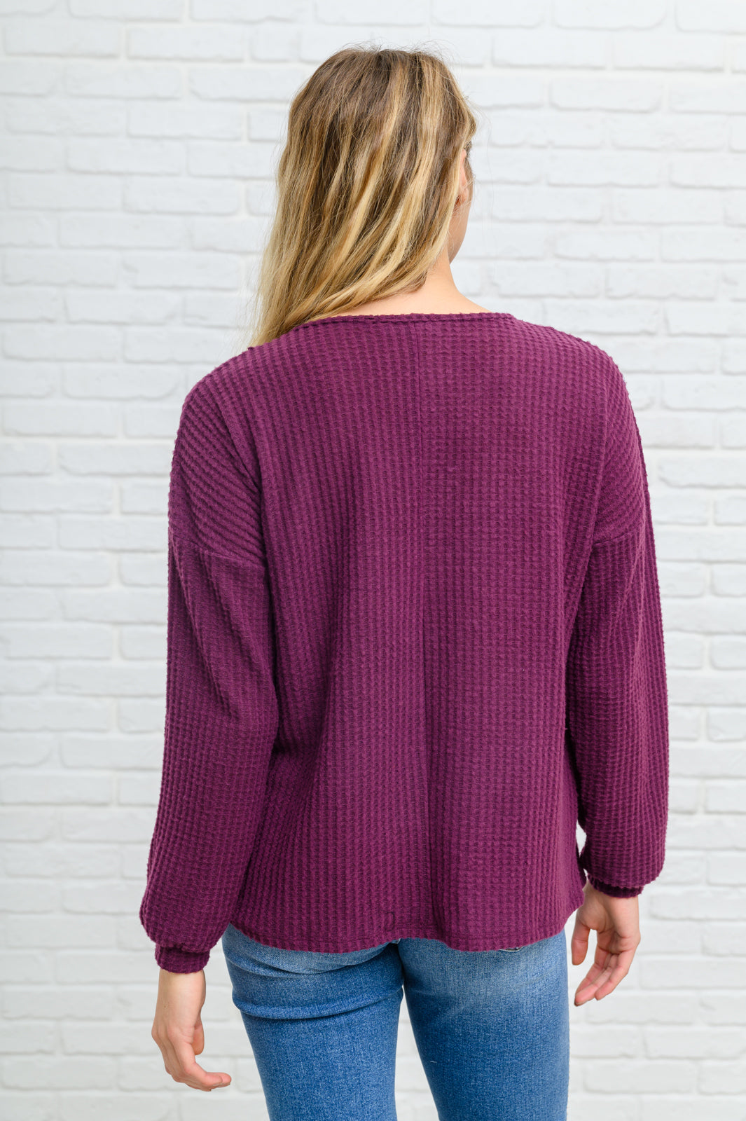Your Best Self Long Sleeve Waffle Knit Top In Eggplant   