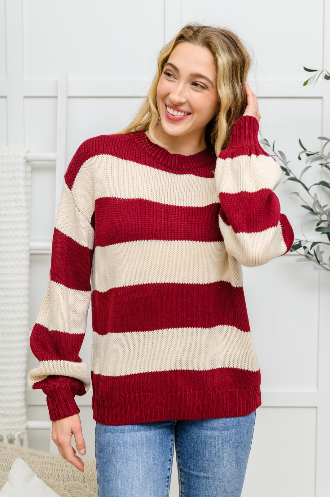 A Days Work Striped Knit Sweater In Burgundy Social Co Boutique