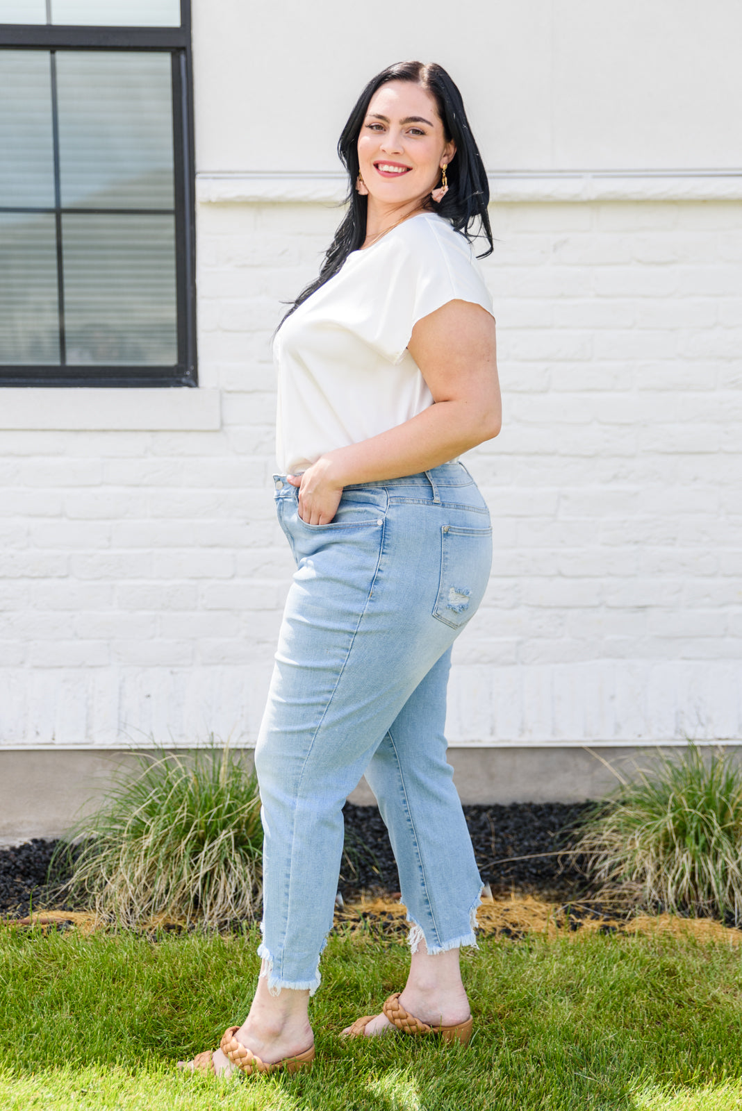 Judy Blue Caroline Mid-Rise Destroyed Hem Boyfriend Jeans   