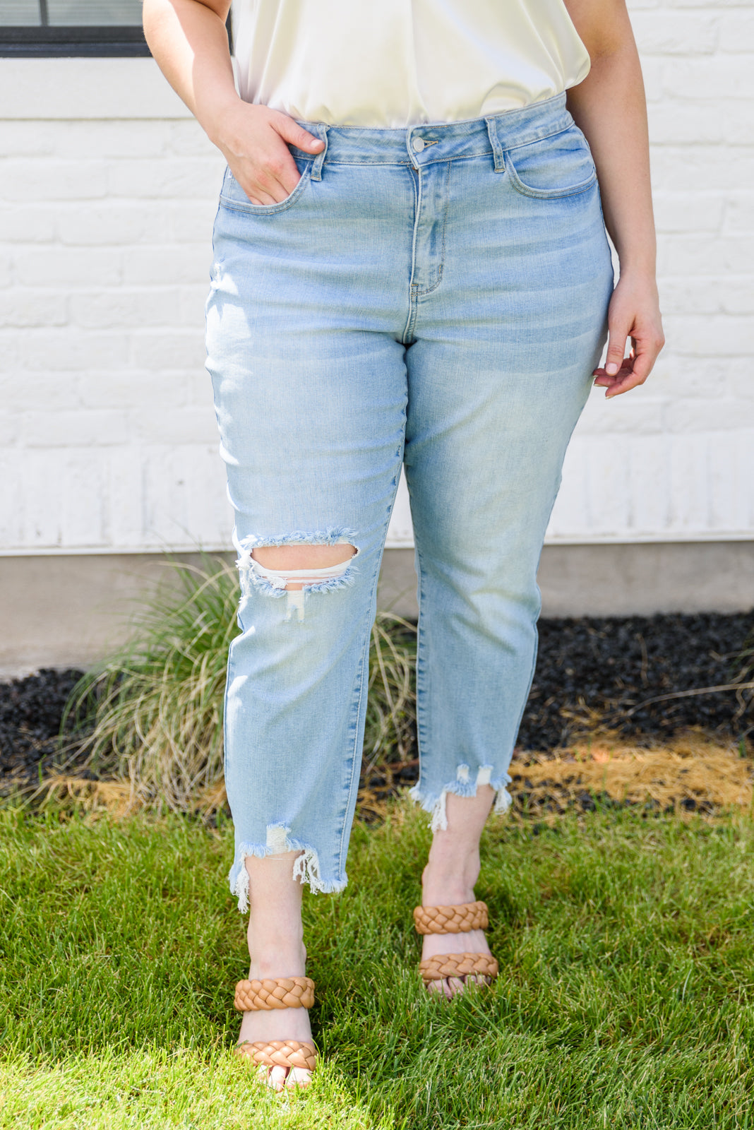 Judy Blue Caroline Mid-Rise Destroyed Hem Boyfriend Jeans   
