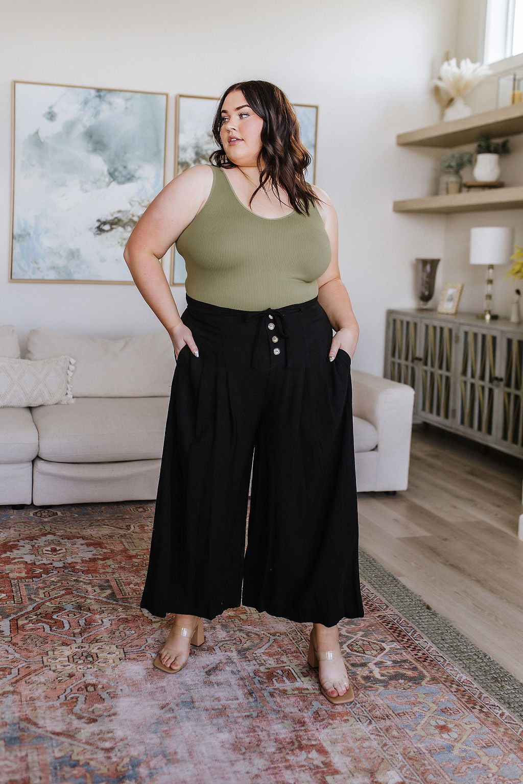 Outfit Cotton Wide Leg Capri Pants Cropped Pants Plus Size Black