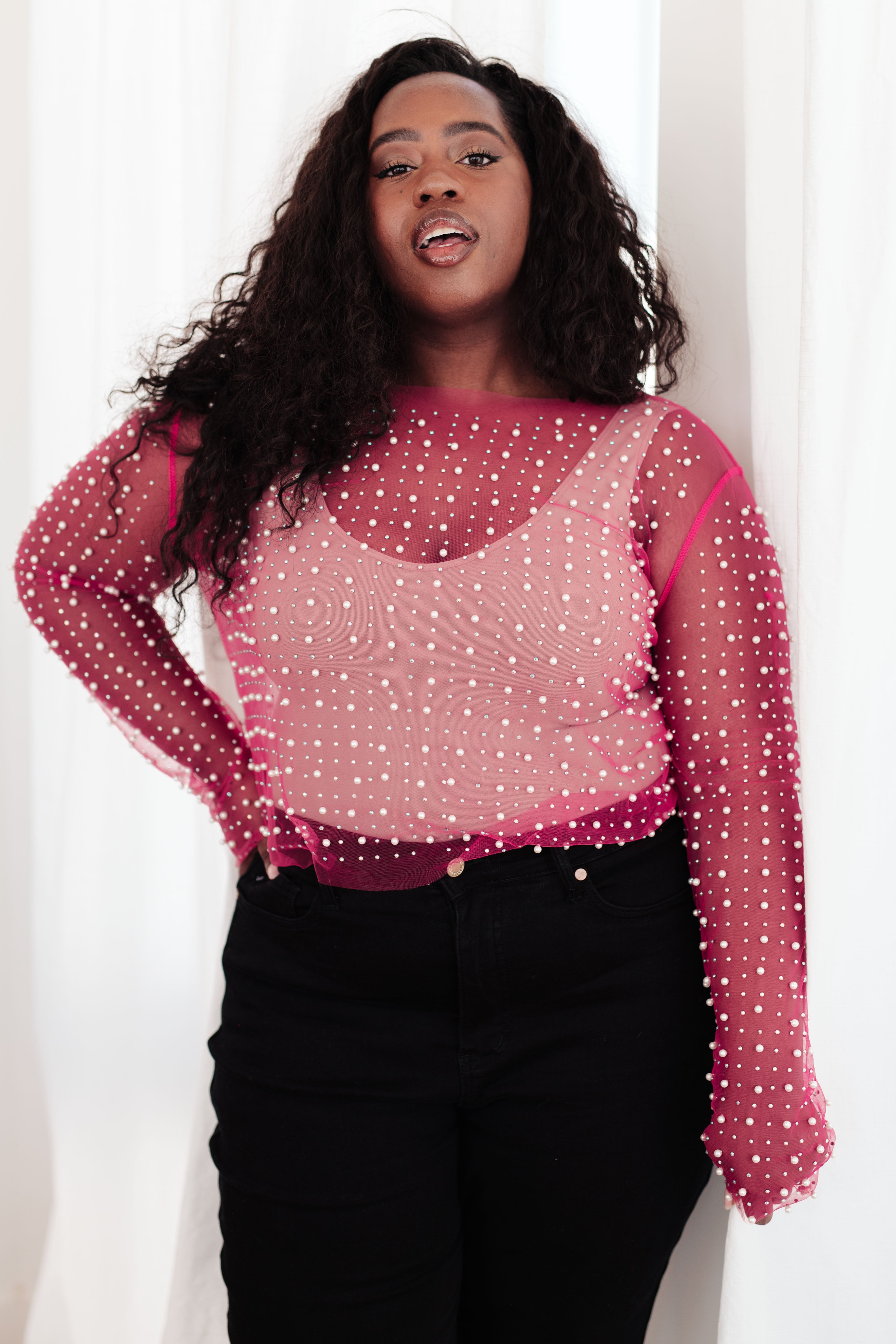 Pearl Perfection Sheer Top in Pink Social Co Boutique