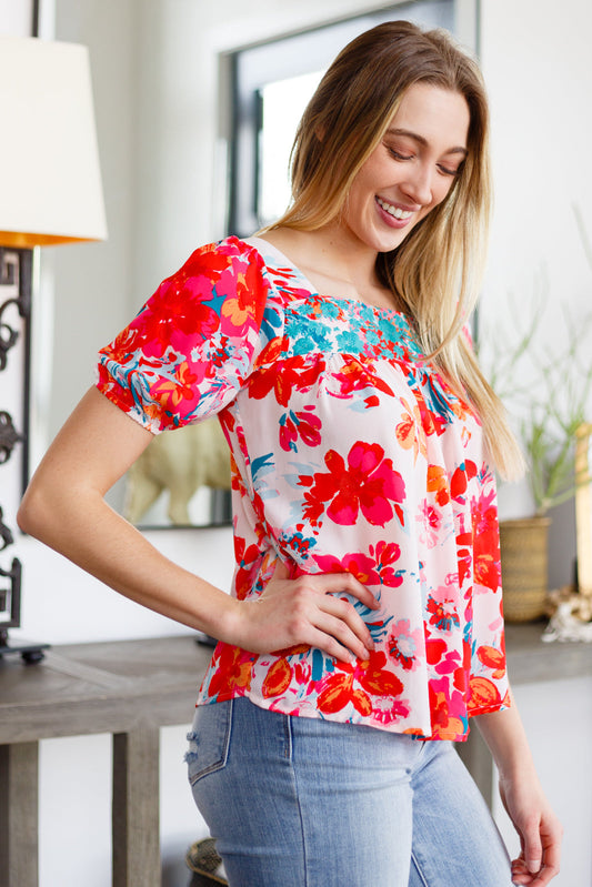Georgia Floral Puff Sleeve Blouse S Red 