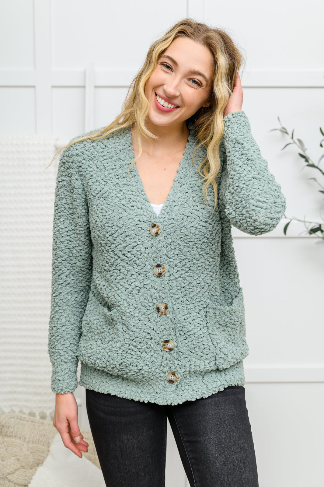 Just Feels Right Popcorn Knit Cardigan In Sage   
