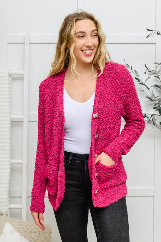 Just Feels Right Popcorn Knit Cardigan In Magenta Magenta S