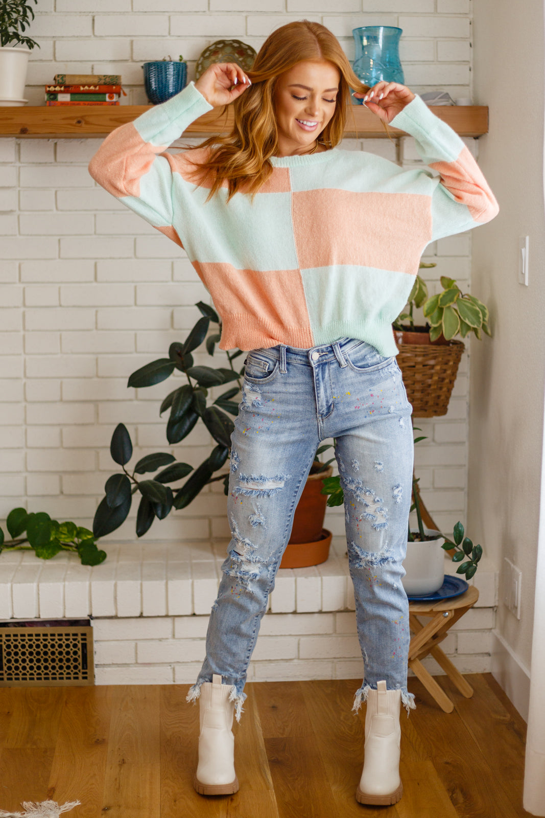 Make Your Move Checkered Knit Sweater in Mint   