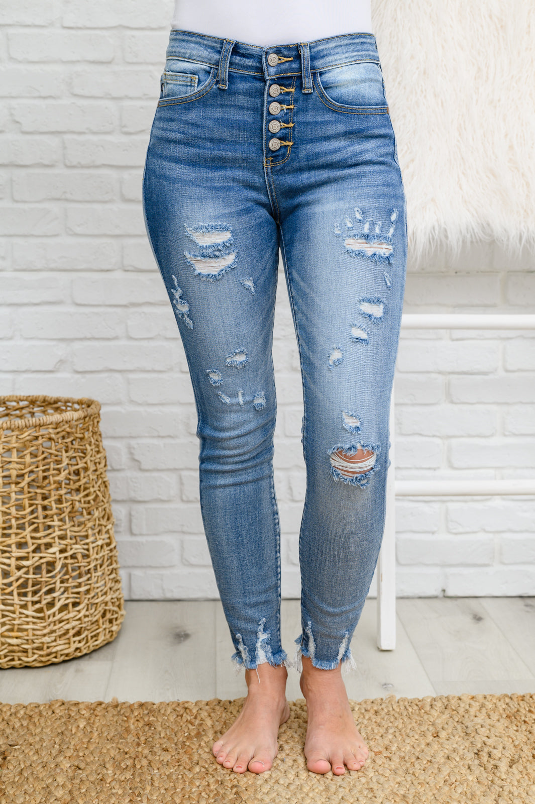 Judy Blue Rip It Up Destroyed Button Fly Skinny Jeans   