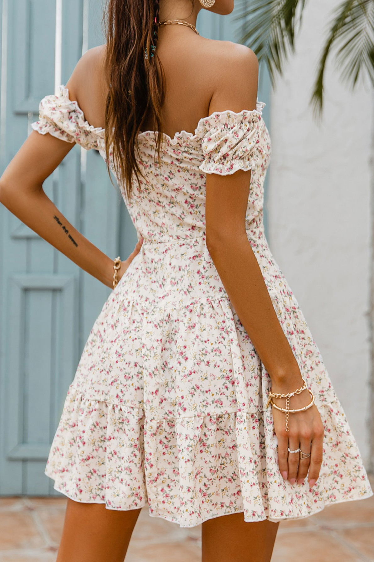 Sweetest Memories Floral Off-Shoulder Tiered Mini Dress   