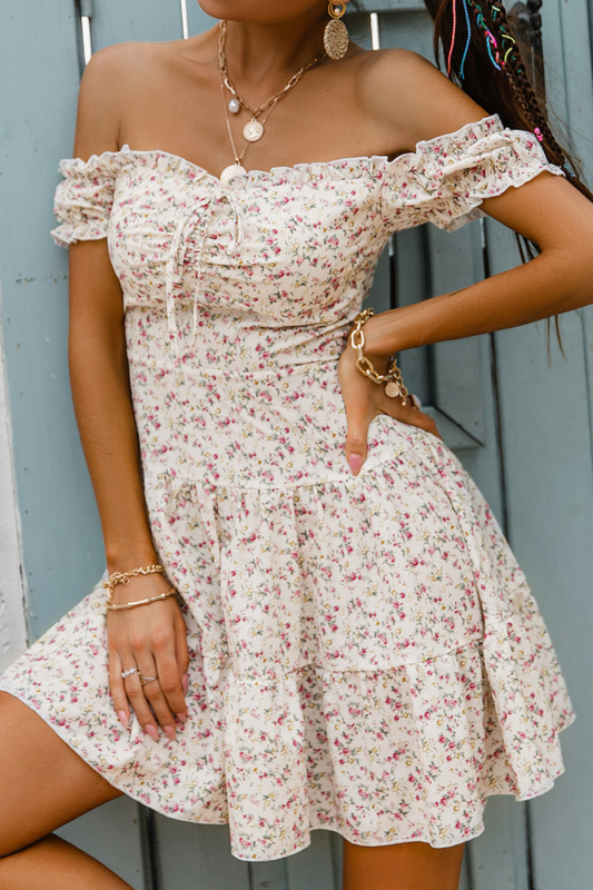 Sweetest Memories Floral Off-Shoulder Tiered Mini Dress White S
