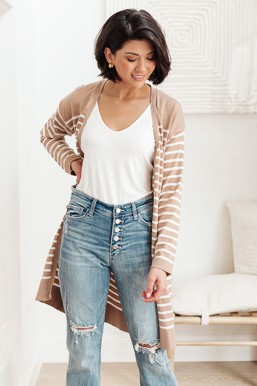 Taking it Easy Striped Cardigan In Taupe   