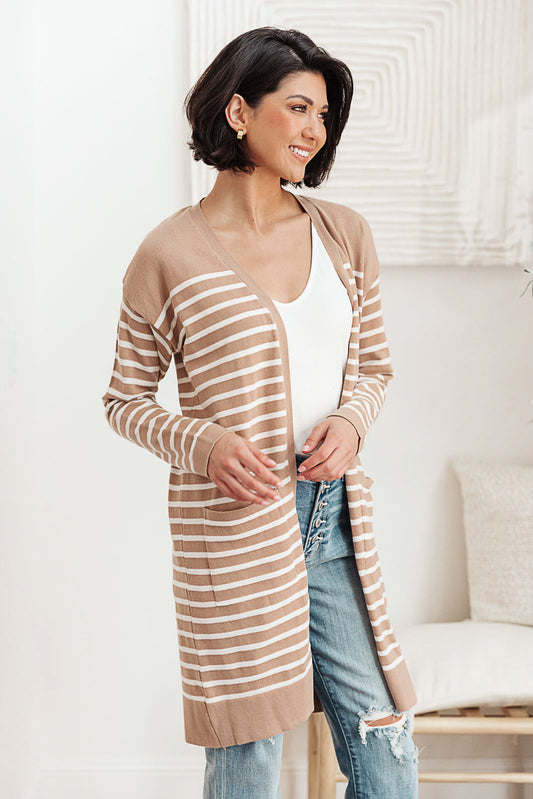 Taking it Easy Striped Cardigan In Taupe XS Taupe 
