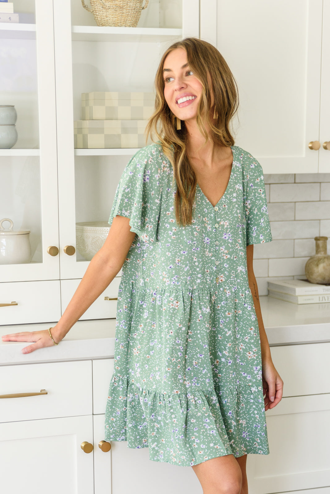 Field of Sage Tiered Floral Dress   