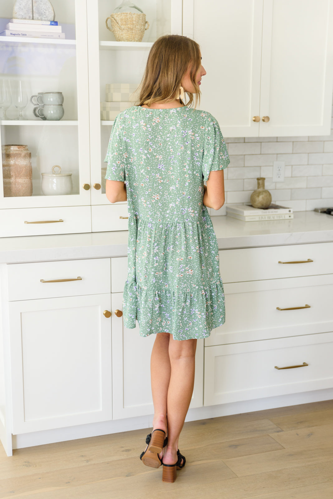 Field of Sage Tiered Floral Dress   