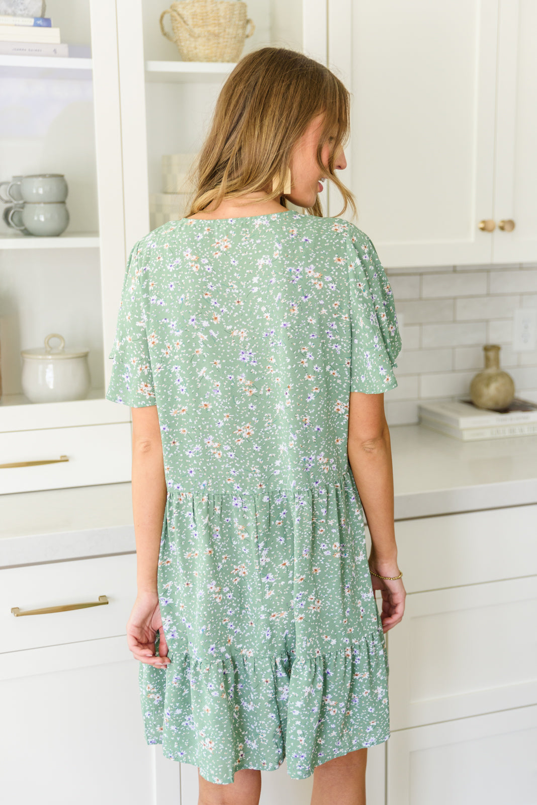 Field of Sage Tiered Floral Dress   