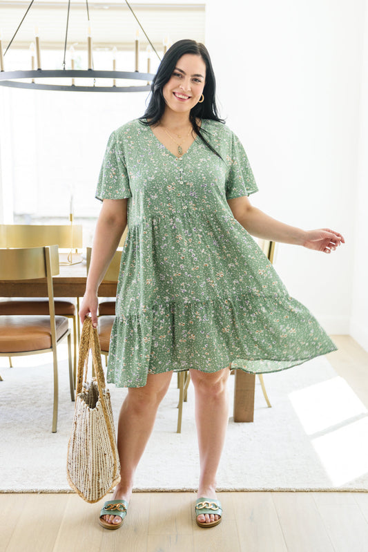 Field of Sage Tiered Floral Dress Sage 1XL