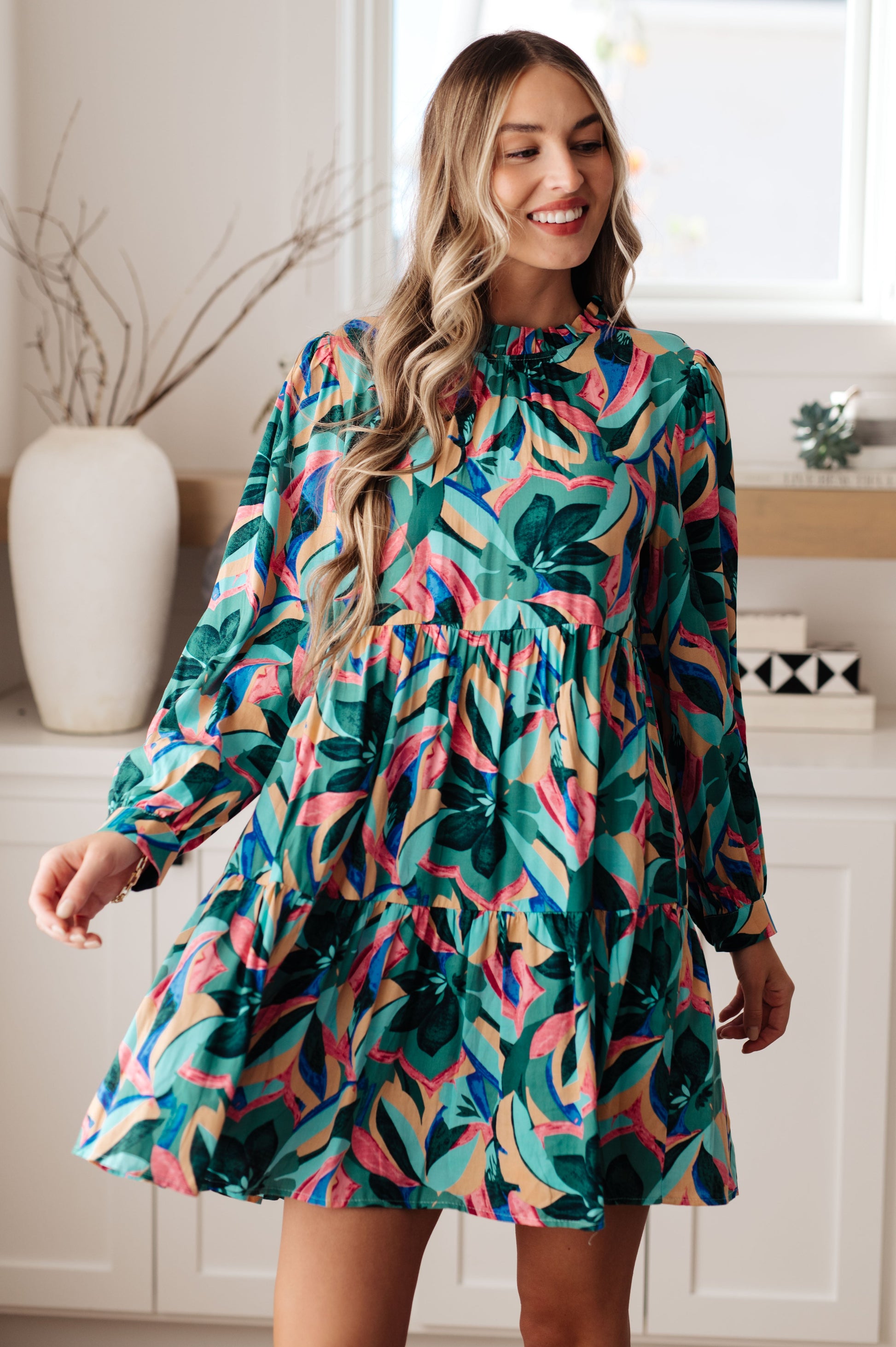 Abstract Blooms Floral Tiered Dress   